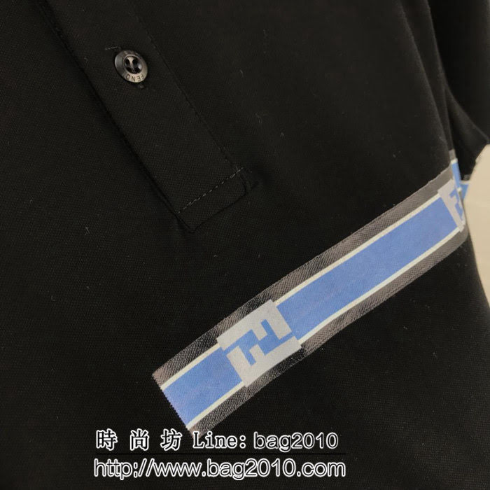 FENDI芬迪  19ss早春新款 粉色豎條FF印花logo 黑色絲光珠地棉 男款Polo衫 ydi1975